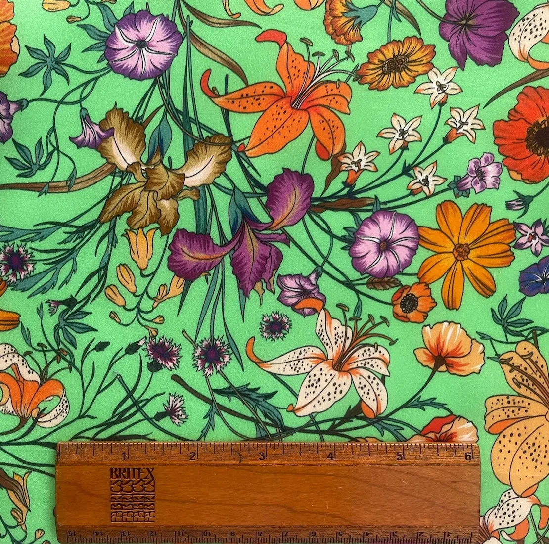 What's Up Tiger Lily? on Spearmint Silk Satin Charmeuse (Made in Italy)